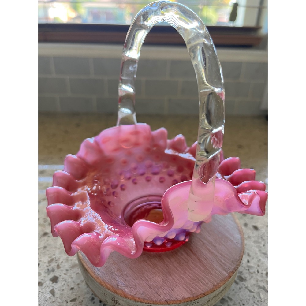 Vintage Fenton Pink Opalescent Hobnail Glass Basket Ruffled Edge Bamboo Handle